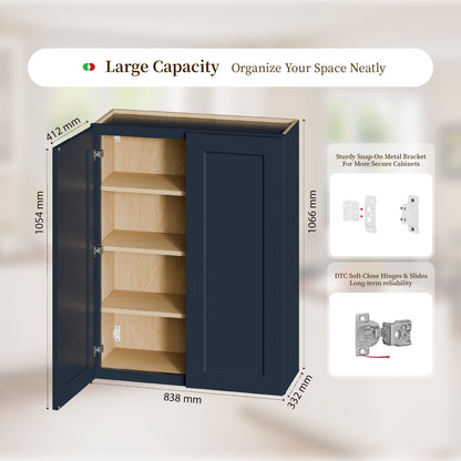 33" Navy Blue Shaker Wall Cabinet Solid Wood with 3 Adjustable Shelves Ready-to-Assemble for Kitchen, Bathroom, Laundry, and Garage Storage (33"W×12"D×42"H) image 3