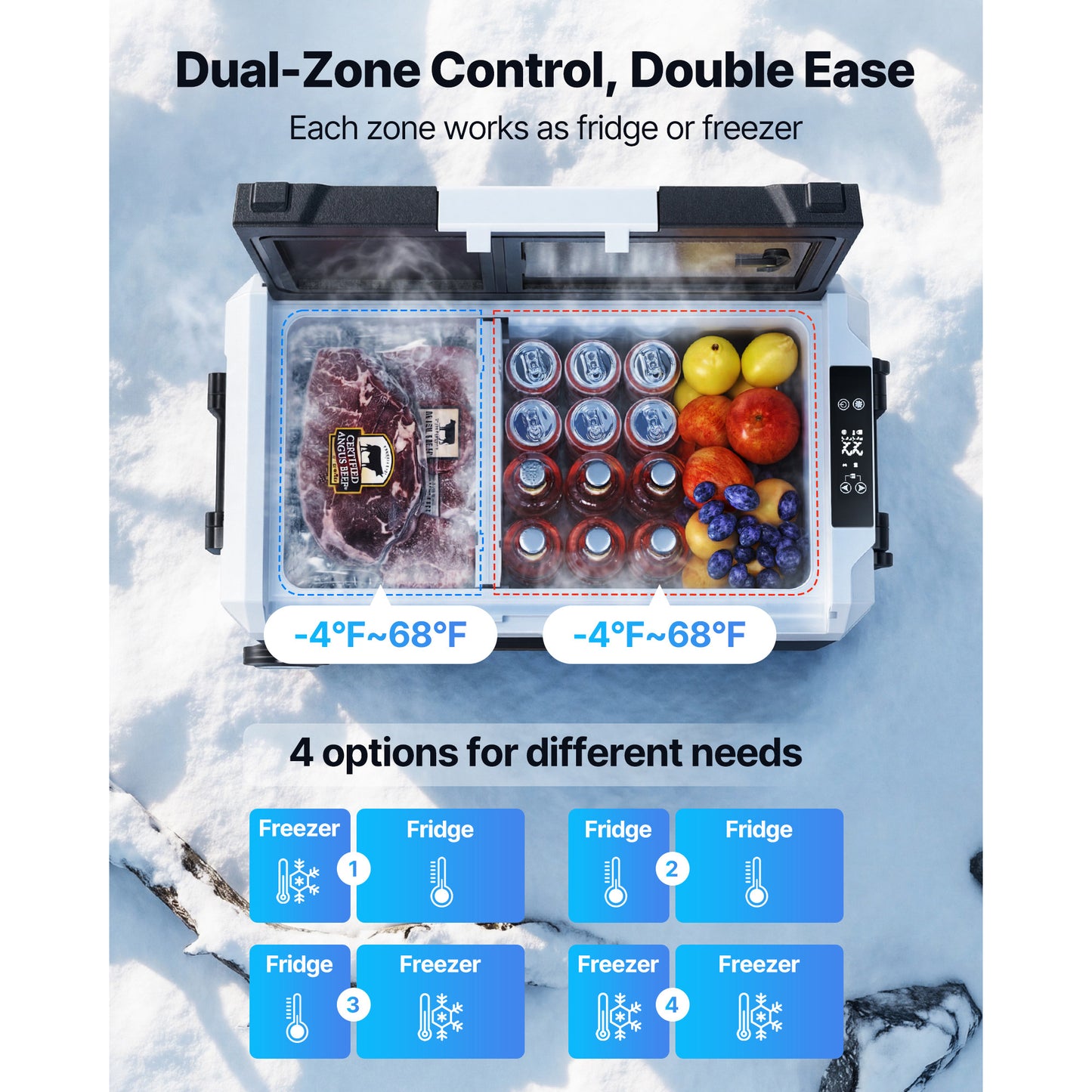 Car Refrigerator, DC 12/24V AC100-240V Compressor Electric Cooler, -4°F to 68°F Truck Refrigerator with APP Control, Wheels & Dual Zone, 58 QT Cars Cooler for RVs, Boats, Camping, Fishing image 5
