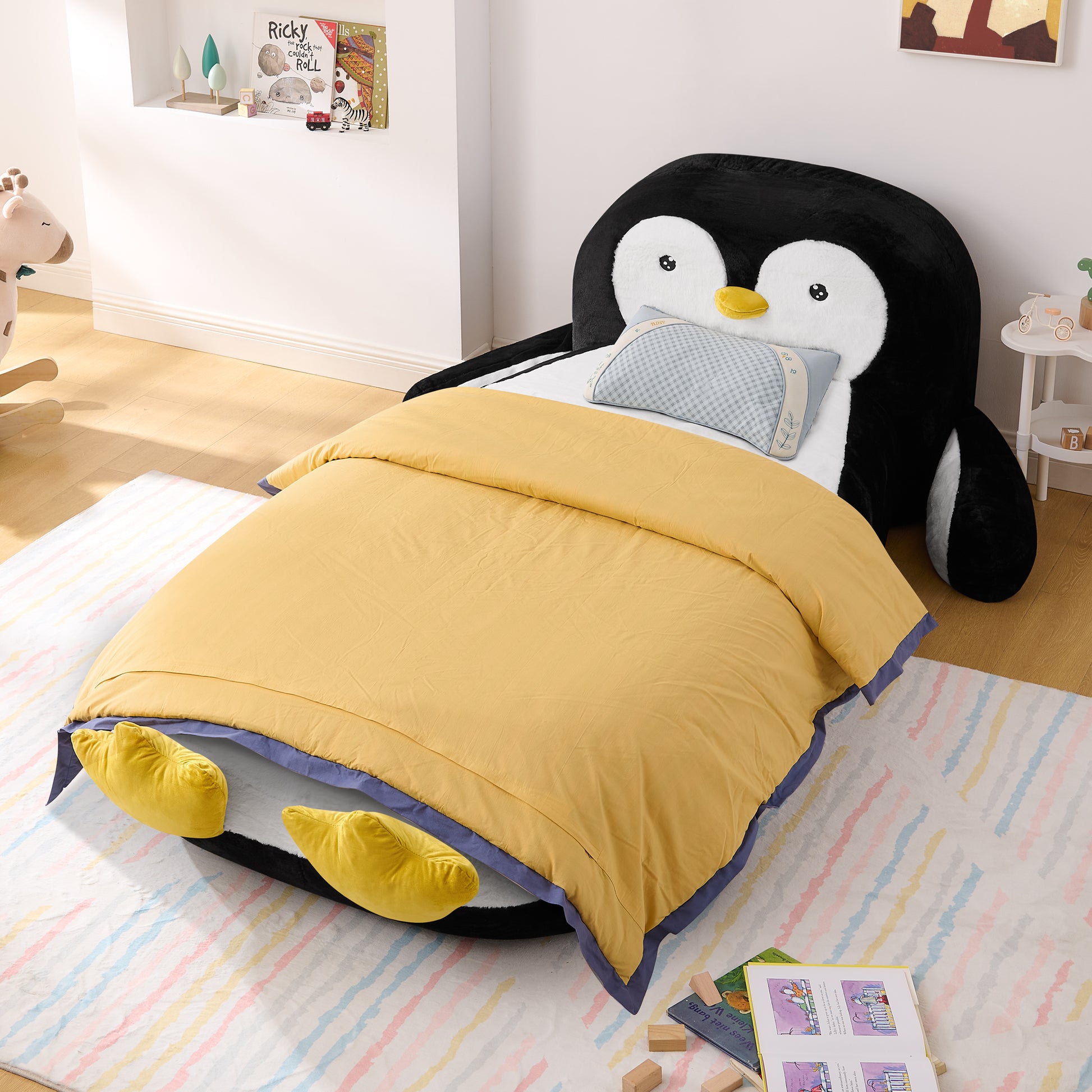 Twin Size Fluffy Faux Fur Penguin Shaped Bed Lounger Chair with 100% Sponge Filling for Kids Bedroom Playroom (88''x45''x29.5'') image 1