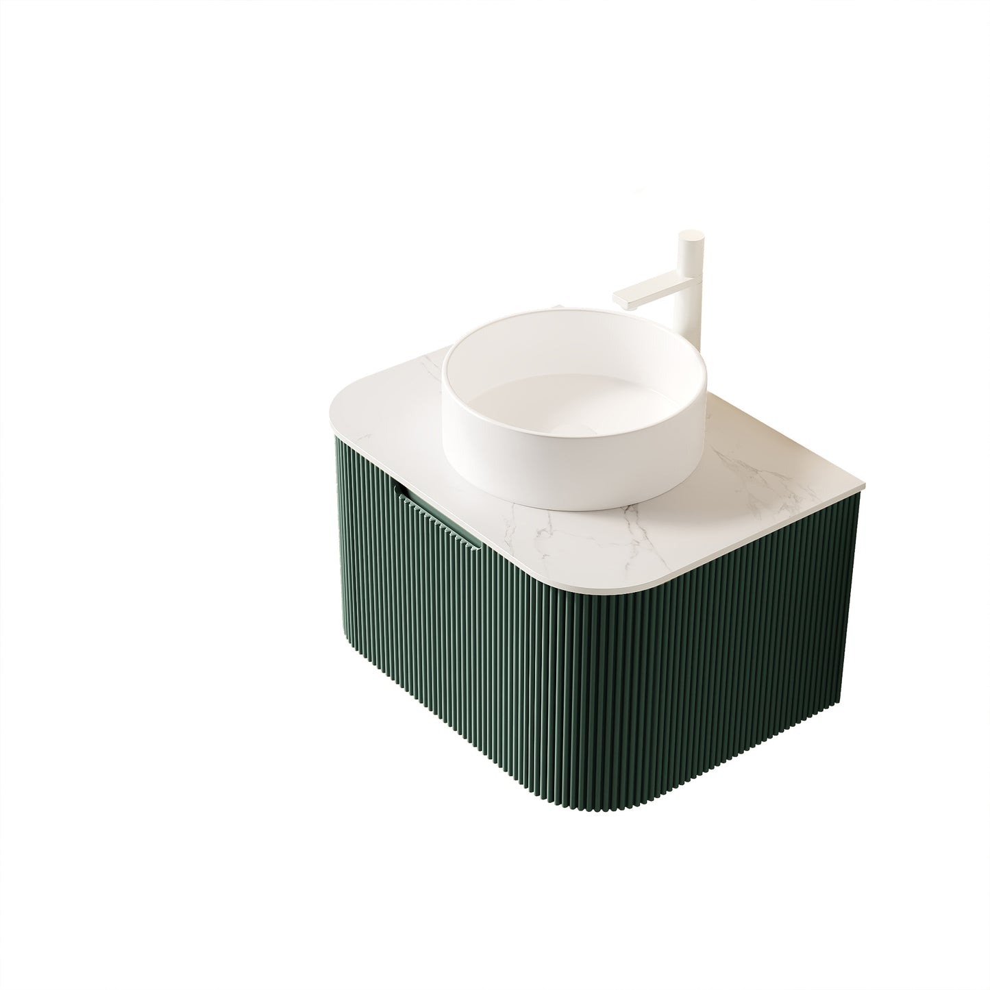 DINA 24" Bathroom Vanity&Sink, Floating Curved Edges Striped Bathroom Storage Plywood Cabinet with Drawer, White Round Ceramic Basin&Carrara White Sintered Stone Top, Pre-assembled, Dark Green Color image 4
