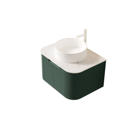 DINA 24" Bathroom Vanity&Sink, Floating Curved Edges Striped Bathroom Storage Plywood Cabinet with Drawer, White Round Ceramic Basin&Carrara White Sintered Stone Top, Pre-assembled, Dark Green Color image 4