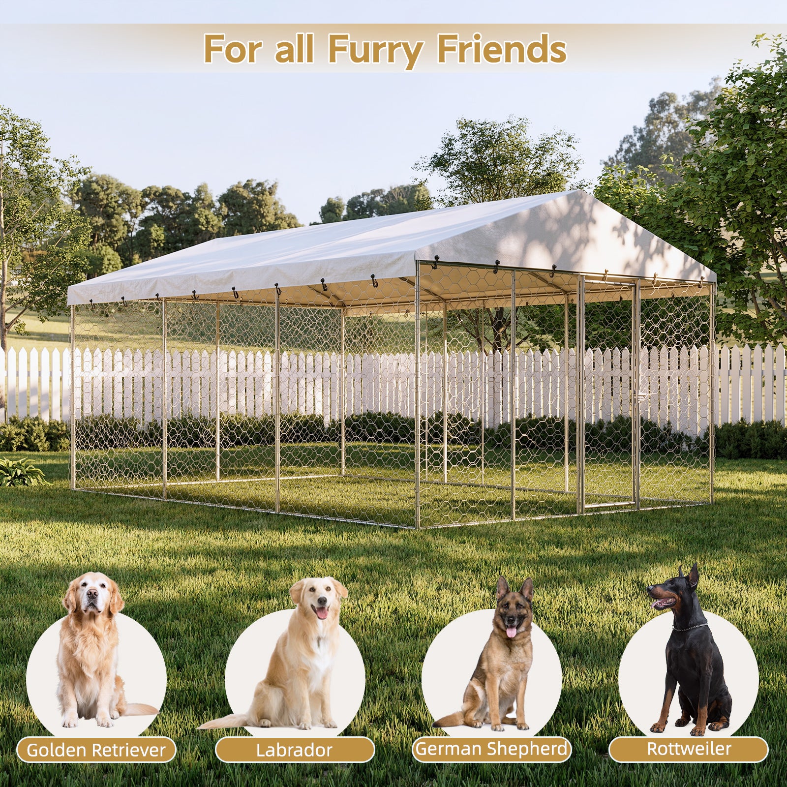 15x10 FT Large Outdoor Dog Kennel with Canopy, Heavy Duty Galvanized Steel Frame, Waterproof Cover, All-Weather Protection, Escape-Proof Lockable Pet Playpen for Large Dogs, Multiple Animals. image 5