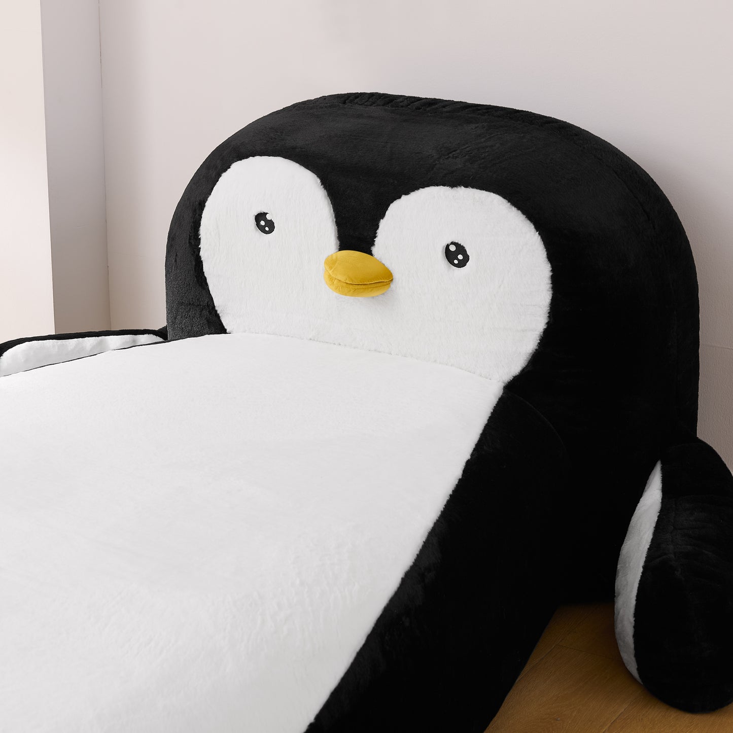 Twin Size Fluffy Faux Fur Penguin Shaped Bed Lounger Chair with 100% Sponge Filling for Kids Bedroom Playroom (88''x45''x29.5'') image 6