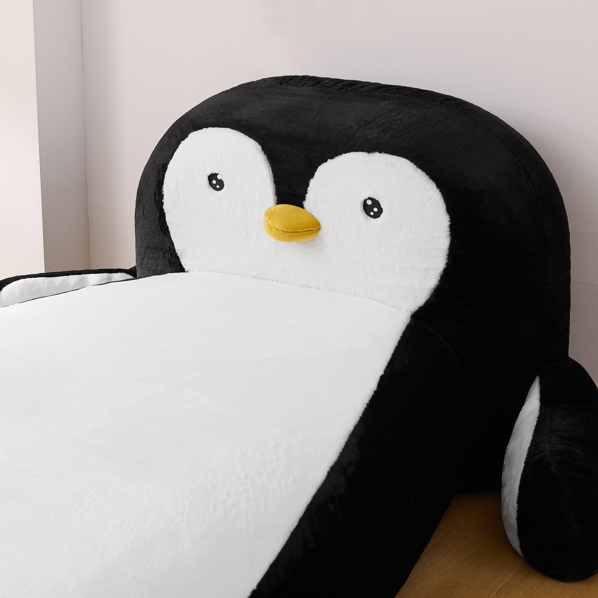 Twin Size Fluffy Faux Fur Penguin Shaped Bed Lounger Chair with 100% Sponge Filling for Kids Bedroom Playroom (88''x45''x29.5'') image 6