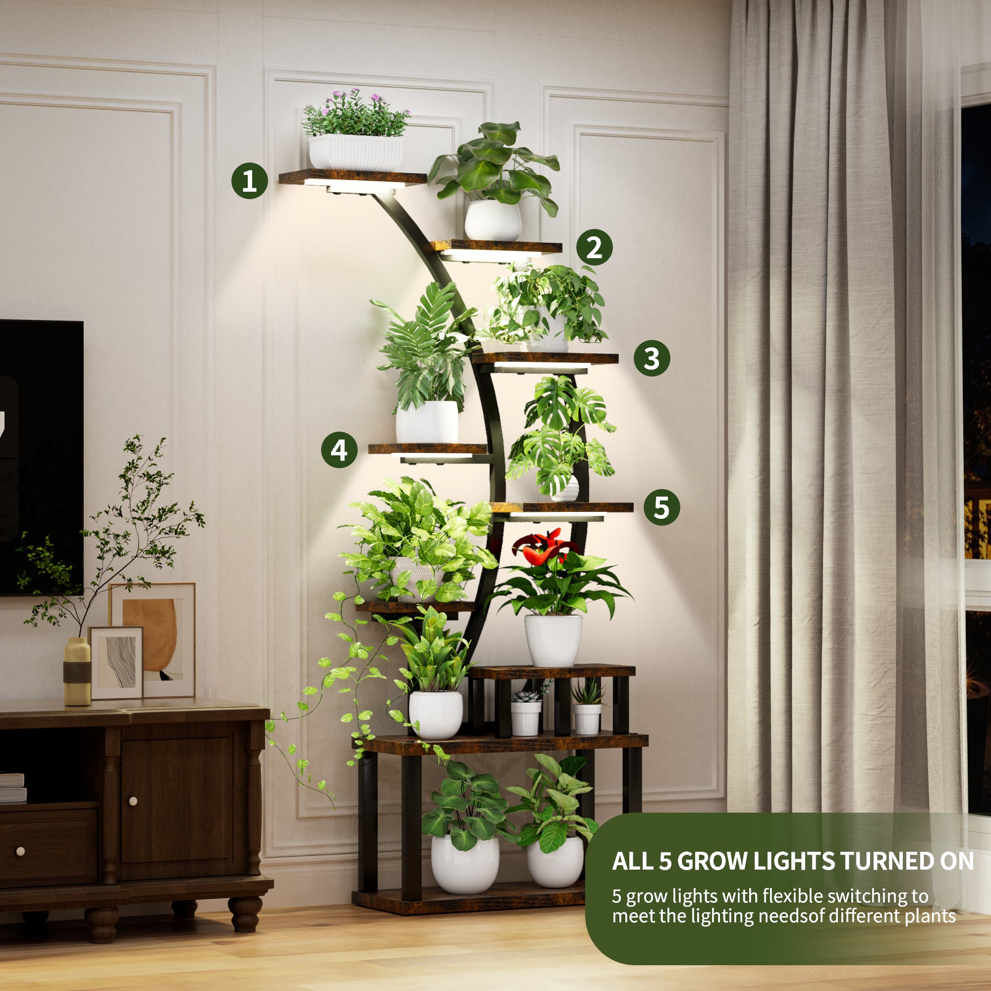 Plant Stand indoor 9-Tiered, 63.6" Tall Plant Stand with 5 Grow Lights, Adjustable Lighting Modes (5/3/2 Lights), 10-Level Dimming & 3 Timer Settings, Energy-Efficient, Perfect for Plant Growth image 2