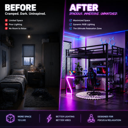 Full Loft Bed with L-shaped Desk and USB Ports, Metal Loft Bed with Computer Tray, Peg Board, and Gaming Style Z-shaped Lights, Black image 9