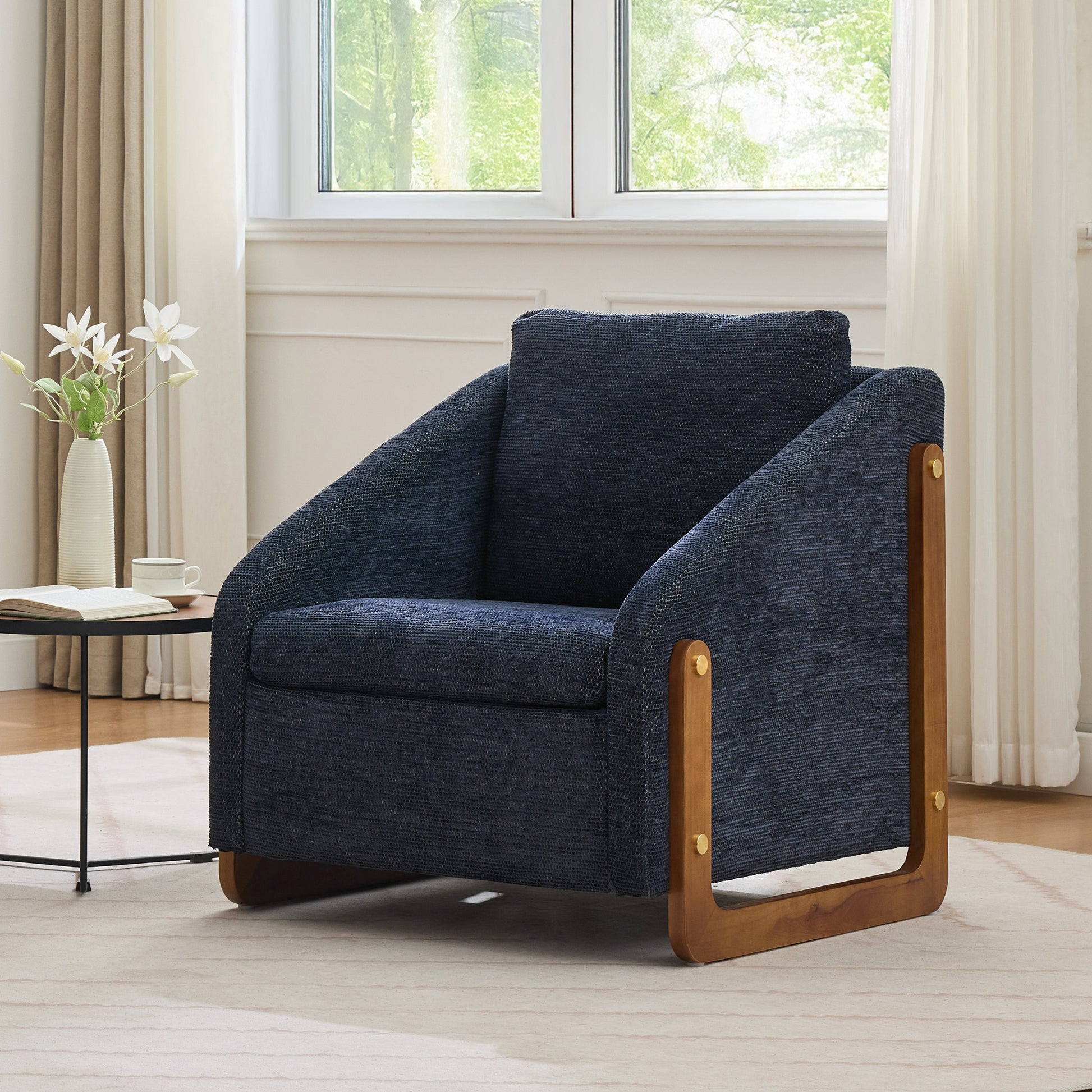 057-Set of 1 Chenille Fabric Modern Upholstered Armchair with Wooden Side Frame, Accent Leisure Chair with Cushioned Seat and Backrest for Living Room, Bedroom,Blue image 10