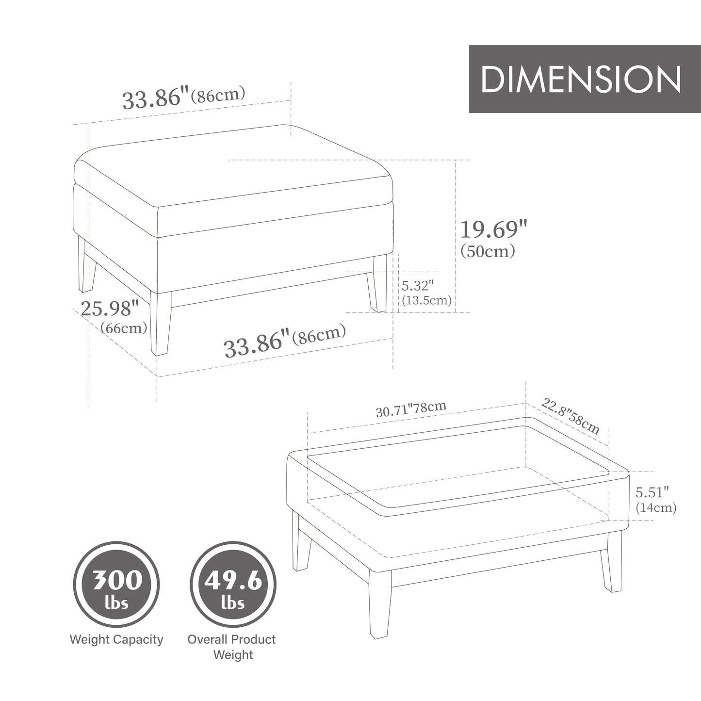 33.86"W Upholstered Wood Base Storage Ottoman With Reversible Lid Coffee Table, Foot Stool Square Footrest with Rubberwood Legs for Living Room Bedroom Entryway and Office, Ivory Boucle. image 8