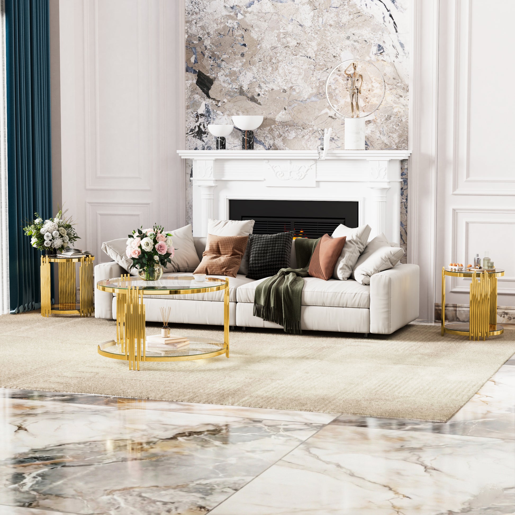 Modern Transparent Glass End Table for Living Room, Round, Asymmetrical Metal, Gold Finish & Lower Shelf, 19.8" image 4