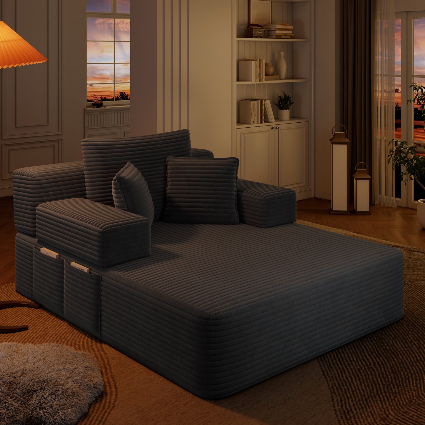 Luxurious Plush Corduroy Chaise Lounge with 3 Pillows, Convertible Sofa Bed with Storage Pocket, Frameless Design & Compression Foam for Small Spaces, Living Room, Apartment,Dark Gray image 5