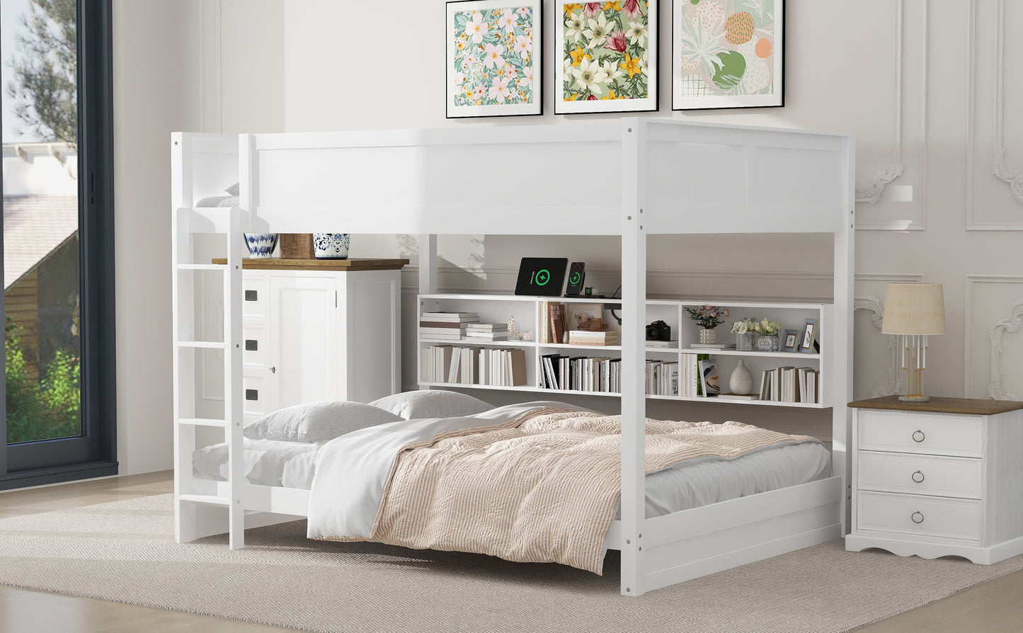 Queen over Queen Bunk Bed with Storage Cabinets and USB Ports, White image 6