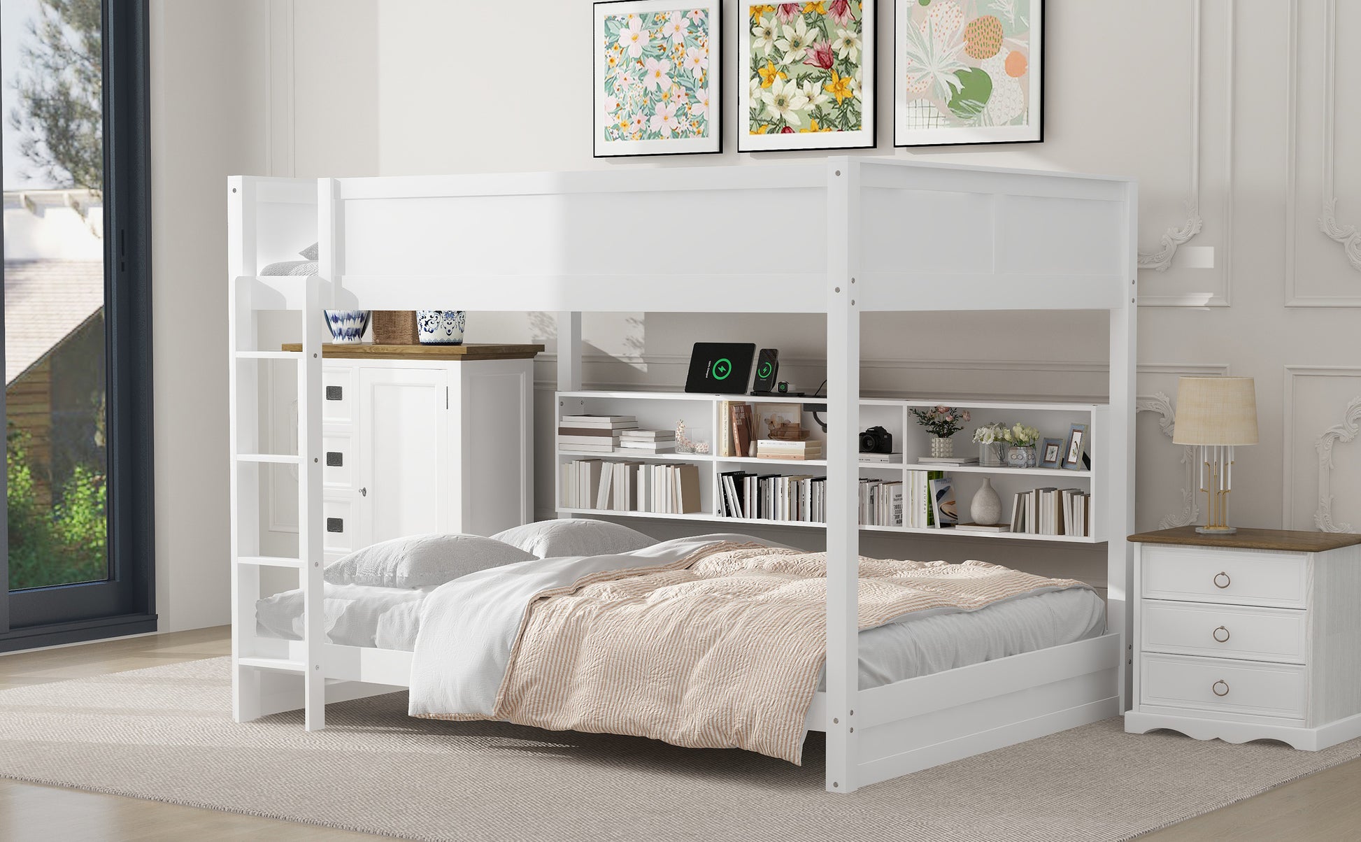 Queen over Queen Bunk Bed with Storage Cabinets and USB Ports, White image 6