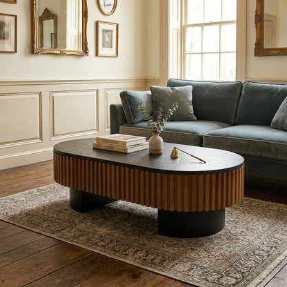 43.7" Oval Coffee Table With Hidden Storage, Fluted Modern Minimalist Wood Coffee Table for Living Room, Oval Center Table, Black + Walnut. image 4