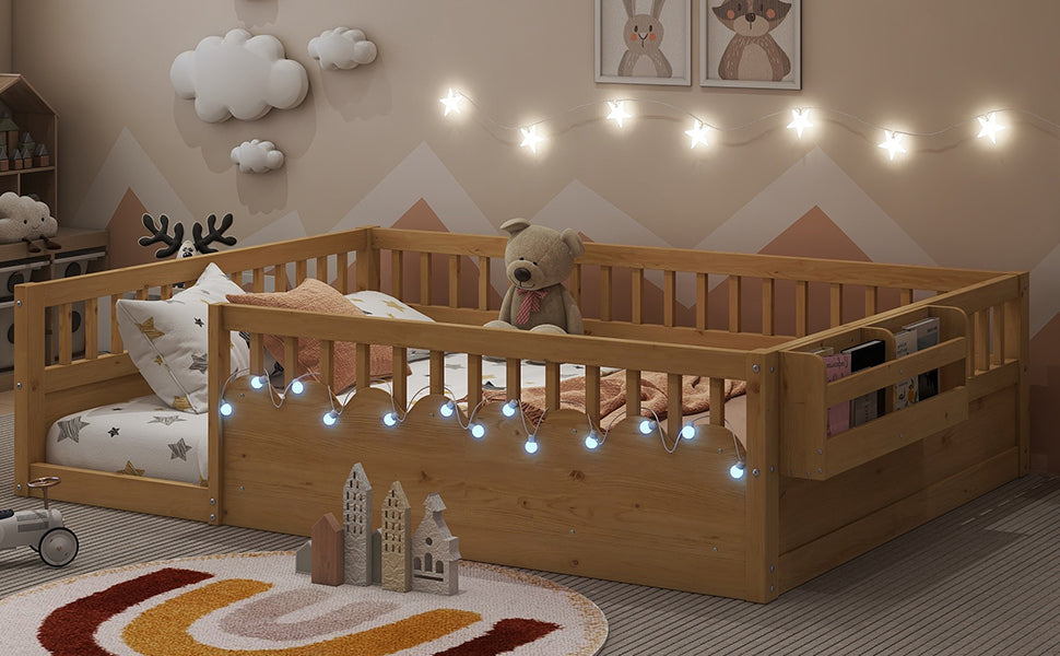 Full Montessori Floor Bed Frame with High Rails, Wood Kids Floor Beds with Light and Storage Shelf, Natural (Expect Arrival Date 2025/8/15) image 9