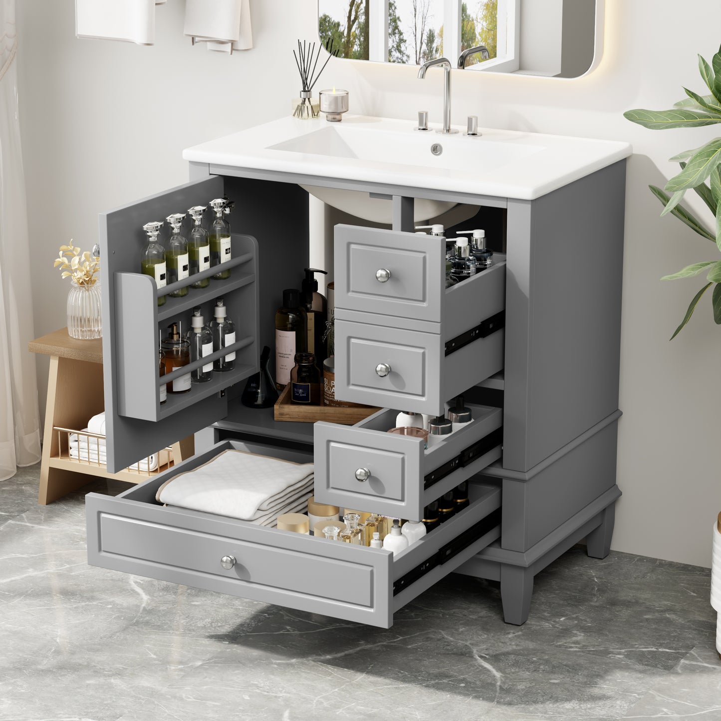30" Bathroom Vanity with Sink, One Door with Shelf and Three Drawers, Soft Close Door, Grey image 1