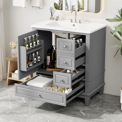 30" Bathroom Vanity with Sink, One Door with Shelf and Three Drawers, Soft Close Door, Grey image 1