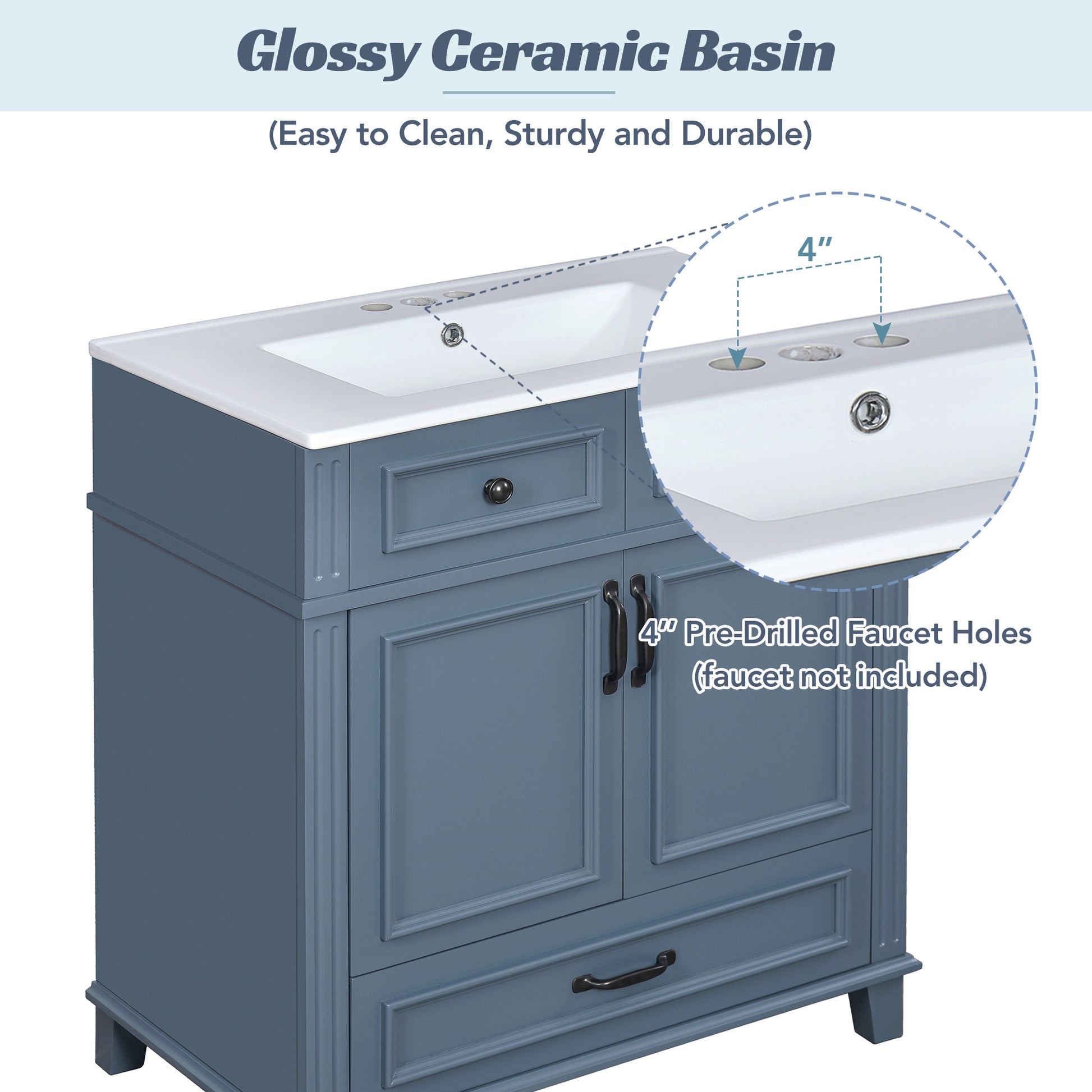 30'' Bathroom Vanity with Ceramic Sink,Solid Wood Frame Bathroom Storage Cabinet with Soft Closing Doors,Retro Style, Blue image 5