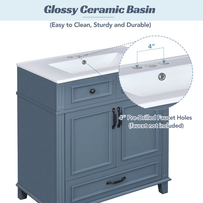 30'' Bathroom Vanity with Ceramic Sink,Solid Wood Frame Bathroom Storage Cabinet with Soft Closing Doors,Retro Style, Blue image 5