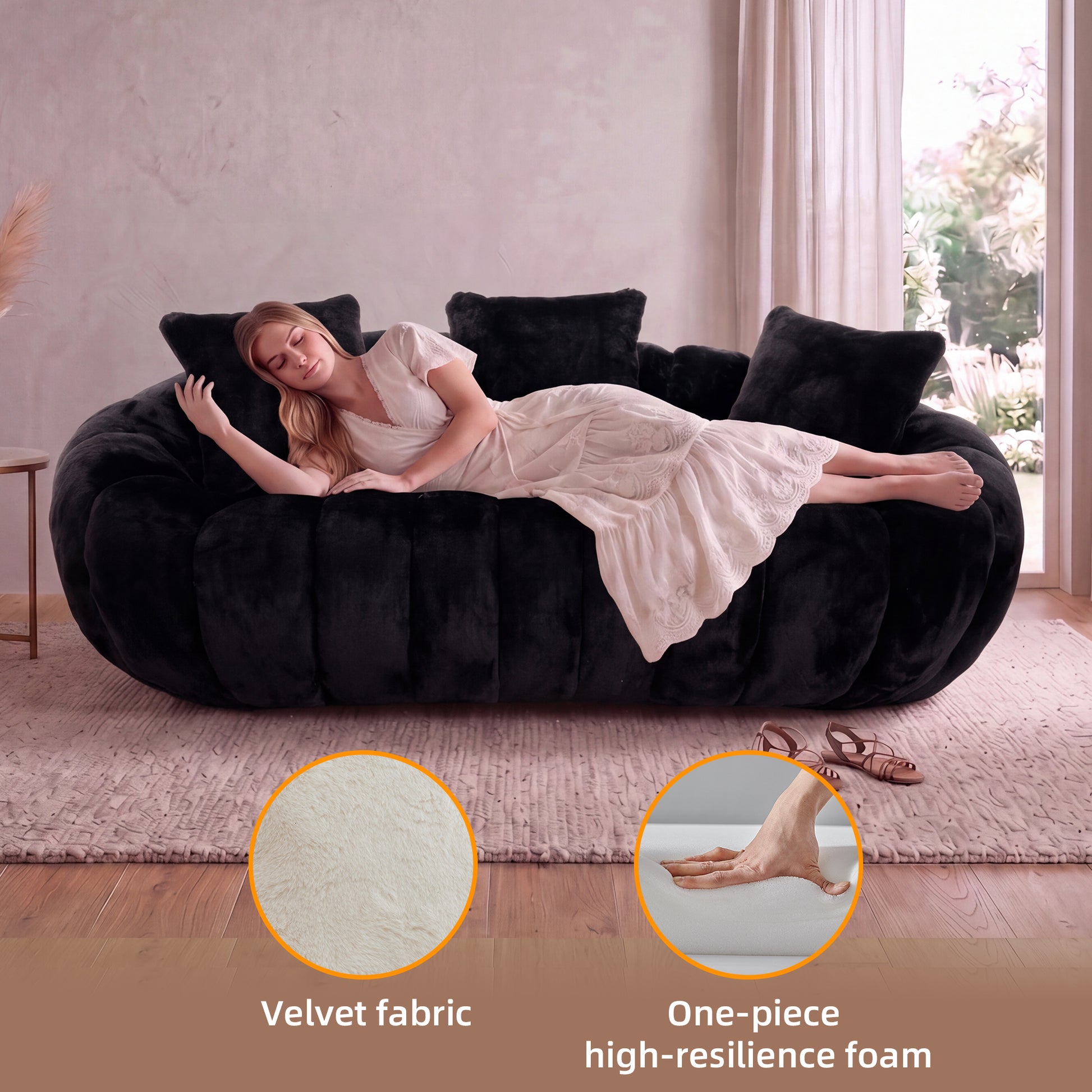 Floral-shaped sofa, ultra-soft faux fur sofa, large living room two-seater sofa, Black, two-person style image 2