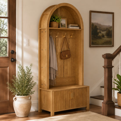 Arched Top Hall Tree with Bench and Shoe Storage,mudroom bench with storage,70.3"Arch Coat Rack with 4 Metal Hooks and 2 Fluted Doors,Farmhouse Style Furniture Organizer for Mudroom, Entryway, Hallway image 6