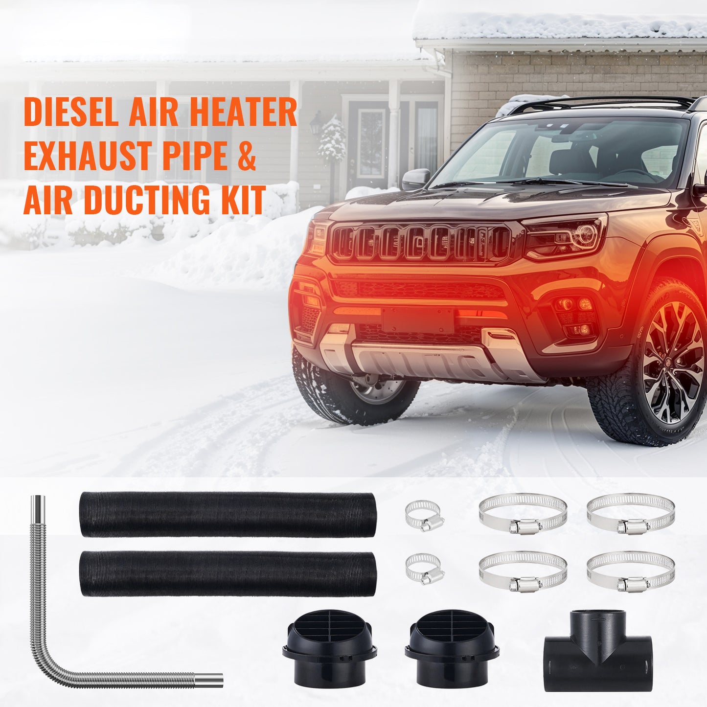 Diesel Heater Pipe Ducting Set, 3" Extendable Air Duct Hose, 1" Stainless Steel Exhaust Pipe, 2 Air Vents, Tee Air Outlet Connector and Hose Clamps, for 5KW/8KW Diesel Parking Heaters image 3