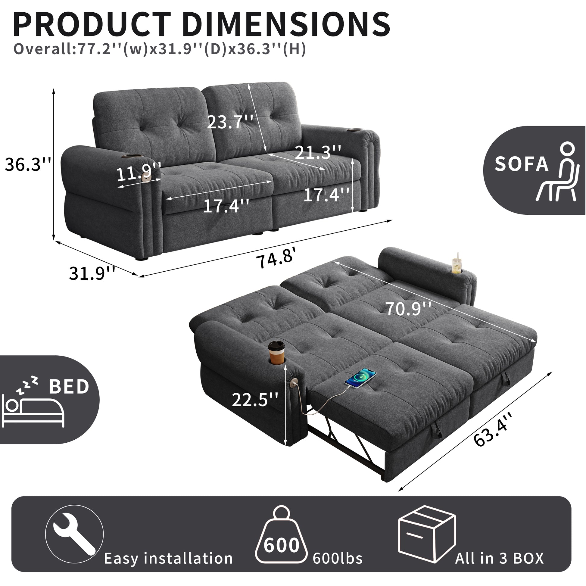 It is a multi-functional sofa, a 77-inch convertible sofa bed, and a 2-in-1 piece suitable for both sitting and lying down. Made of Chenille fabric, it is suitable for living rooms, bedrooms image 12