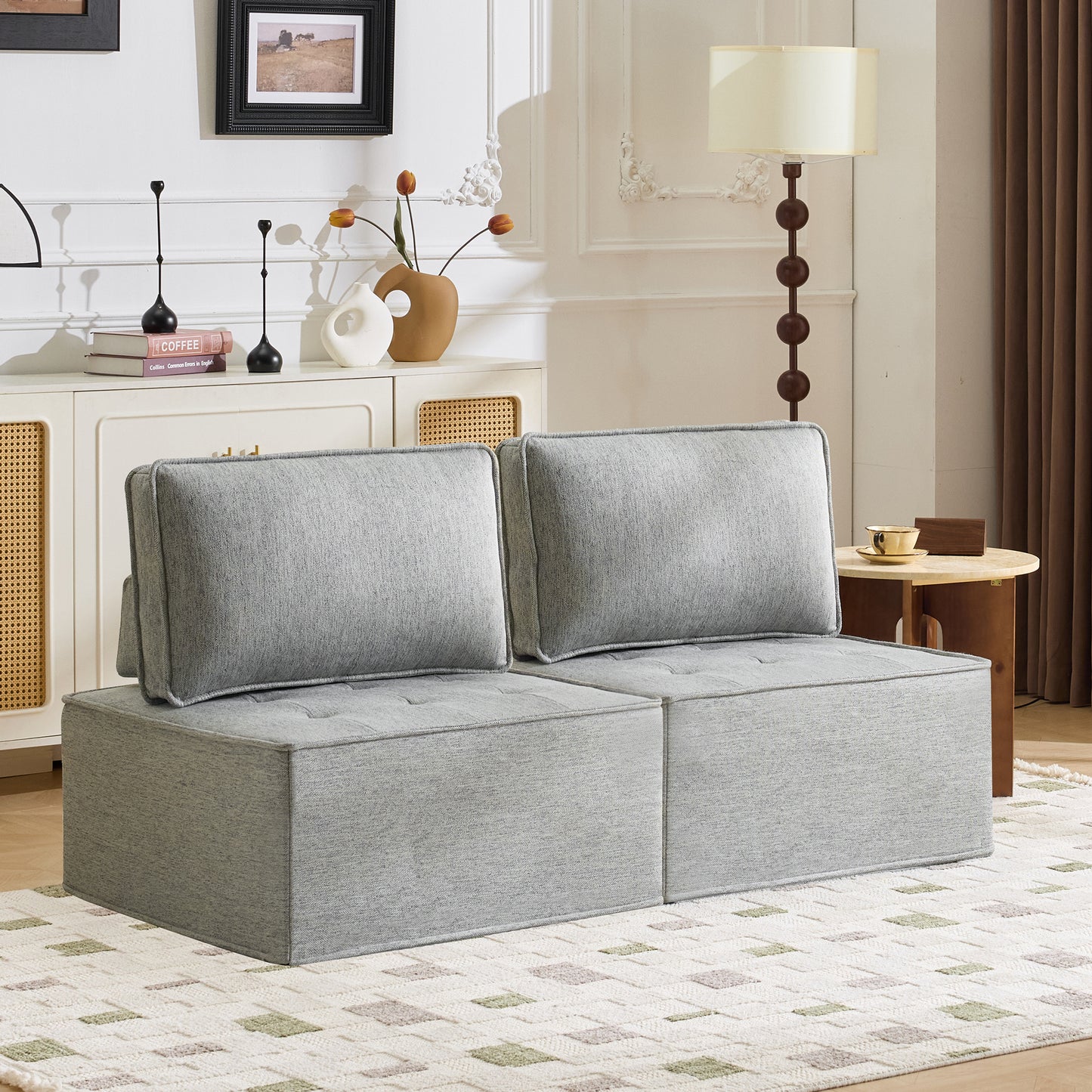 The light gray linen wooden frame sofa can be freely spliced, meeting various needs such as in small apartment living rooms and adapting to various decoration styles." image 3