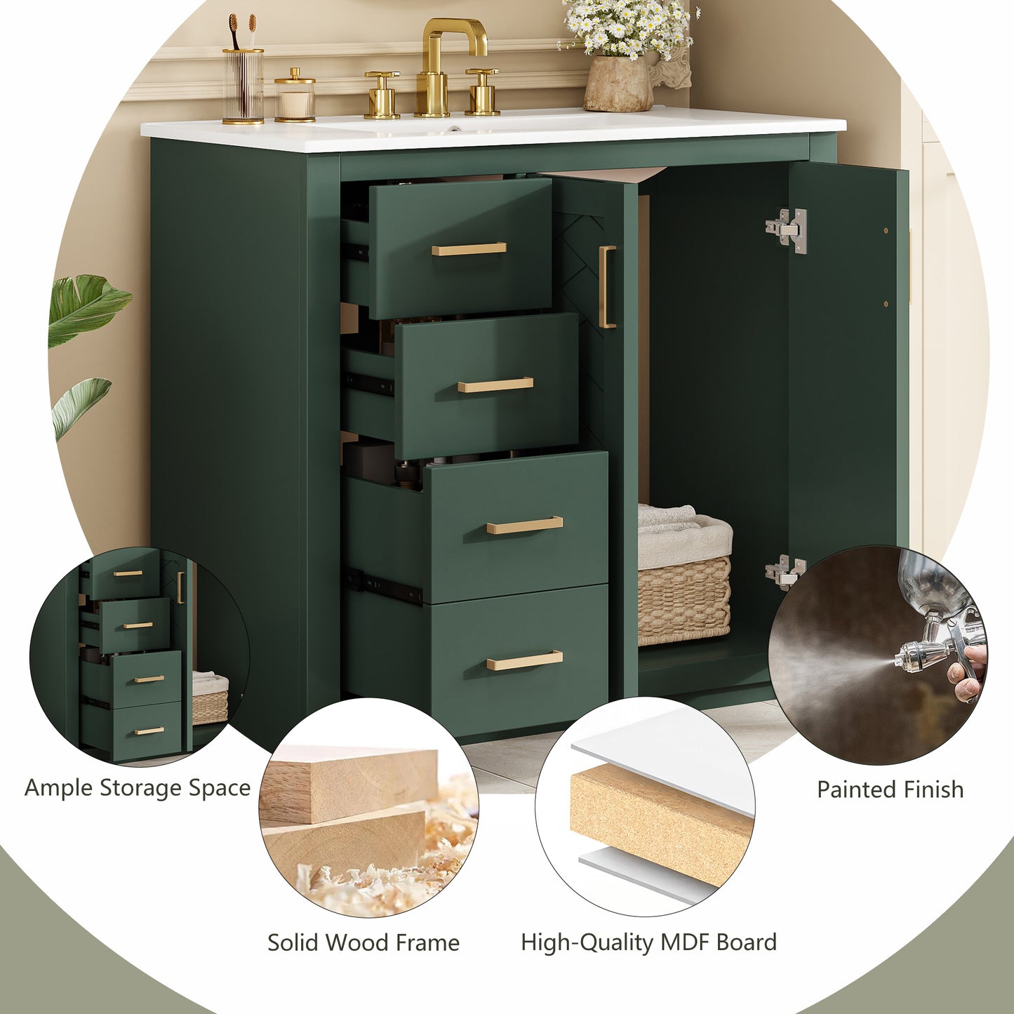 36'' Bathroom Vanity with Ceramic Sink Combo, Solid Wood Frame Bathroom Storage Cabinet, Freestanding Vanity Set with 3 Drawers& Soft Closing Doors image 7