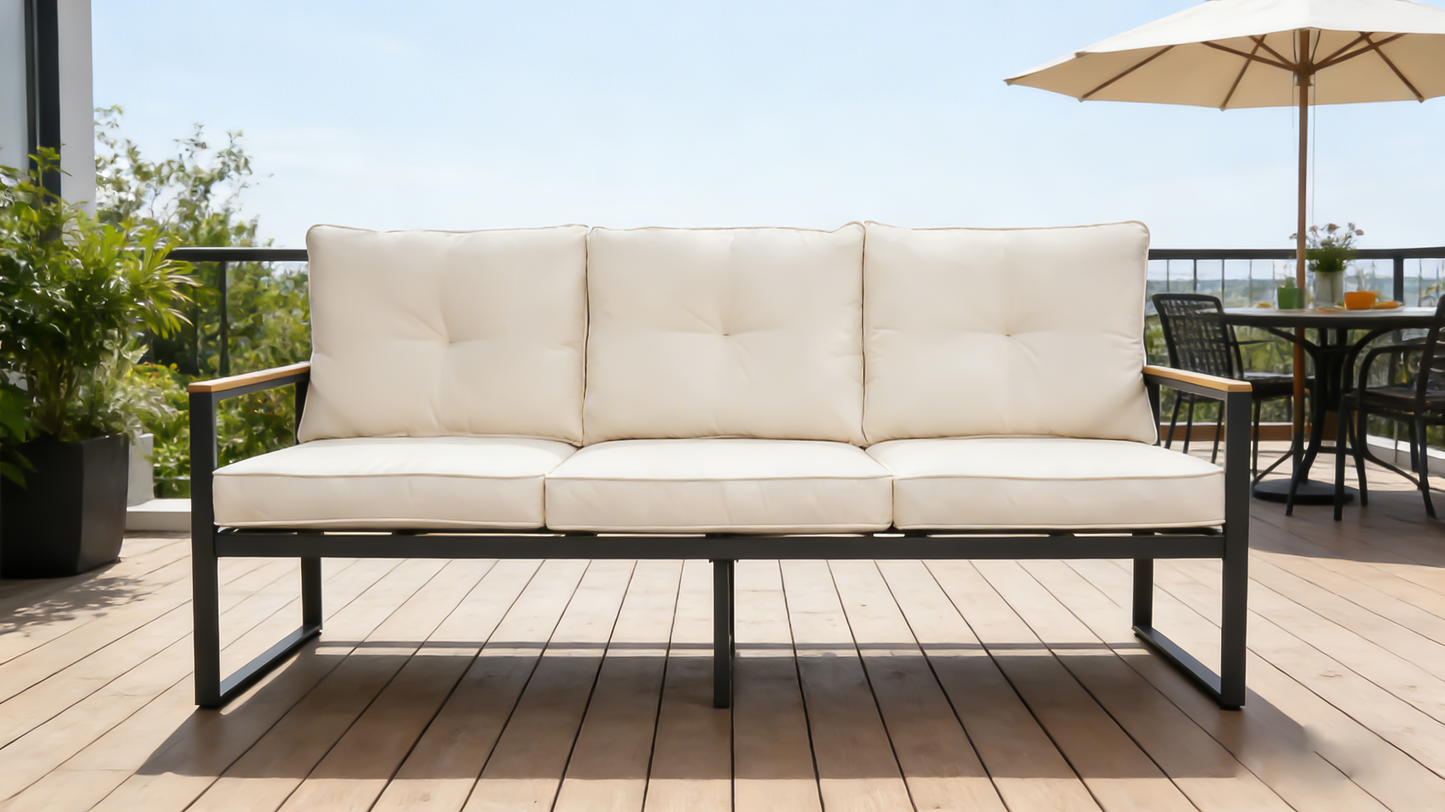 Steel Outdoor Patio Sofa, Steel Metal 3-Seat Couch with Thick Cushions, Patio Conversation Sofa Couch for Deck Garden Poolside, Beige image 3