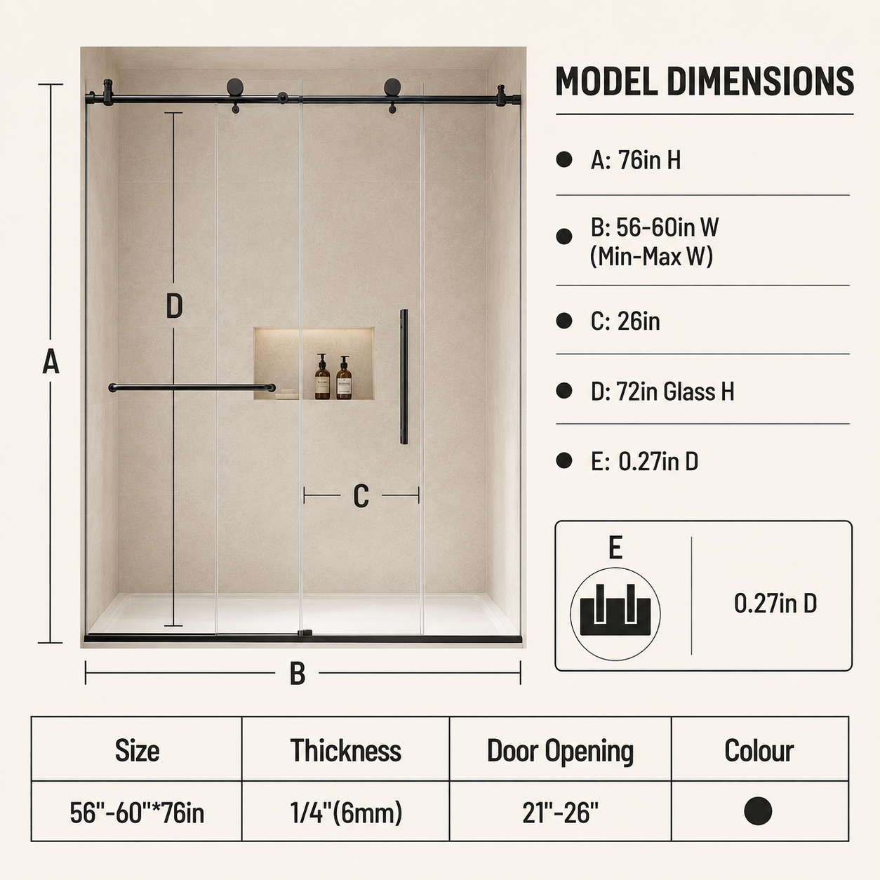 56-60" W x 76" H Frameless Sliding Shower Door, 1/4" (6mm) Clear Tempered Glass with Safety Film and Nano Coating, Stainless Steel Round Rail, Matte Black image 5
