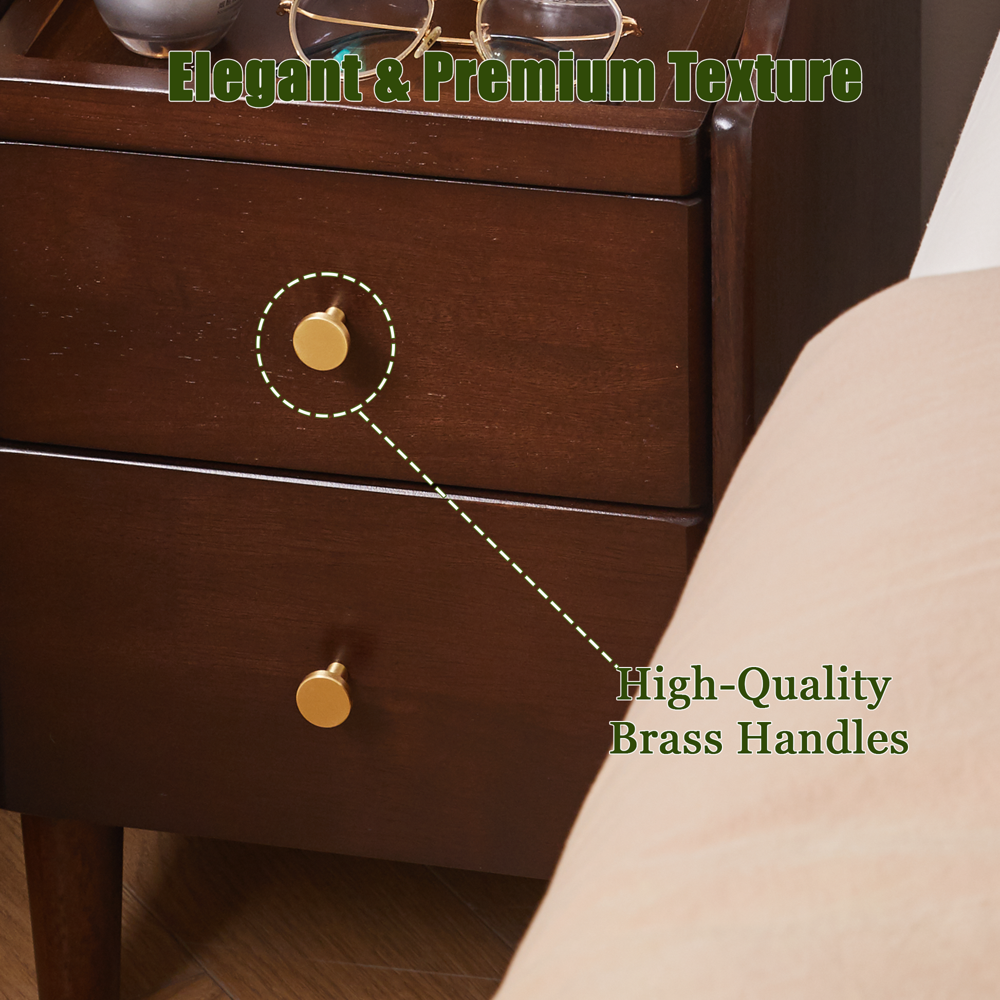 Solid Wood Nightstand with Two Drawers and Pull-out Panel Storage Bedside Table and Sofa Side Table image 8