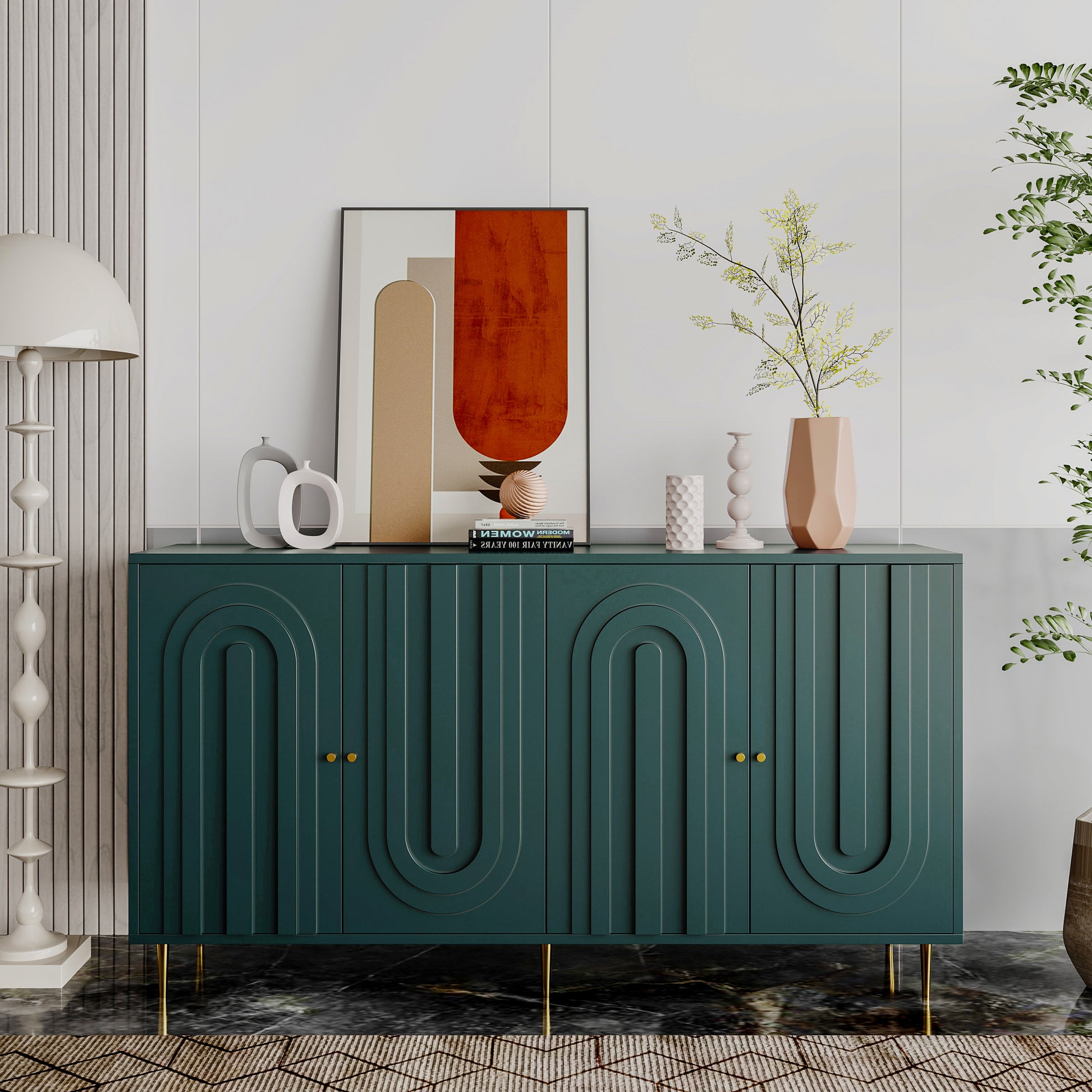 Modern Green Lacquered 4 Door Wooden Cabinet Sideboard Buffet Server Cabinet Storage Cabinet, for Living Room, Entryway, Hallway, Office, Kitchen and Dining Room image 2