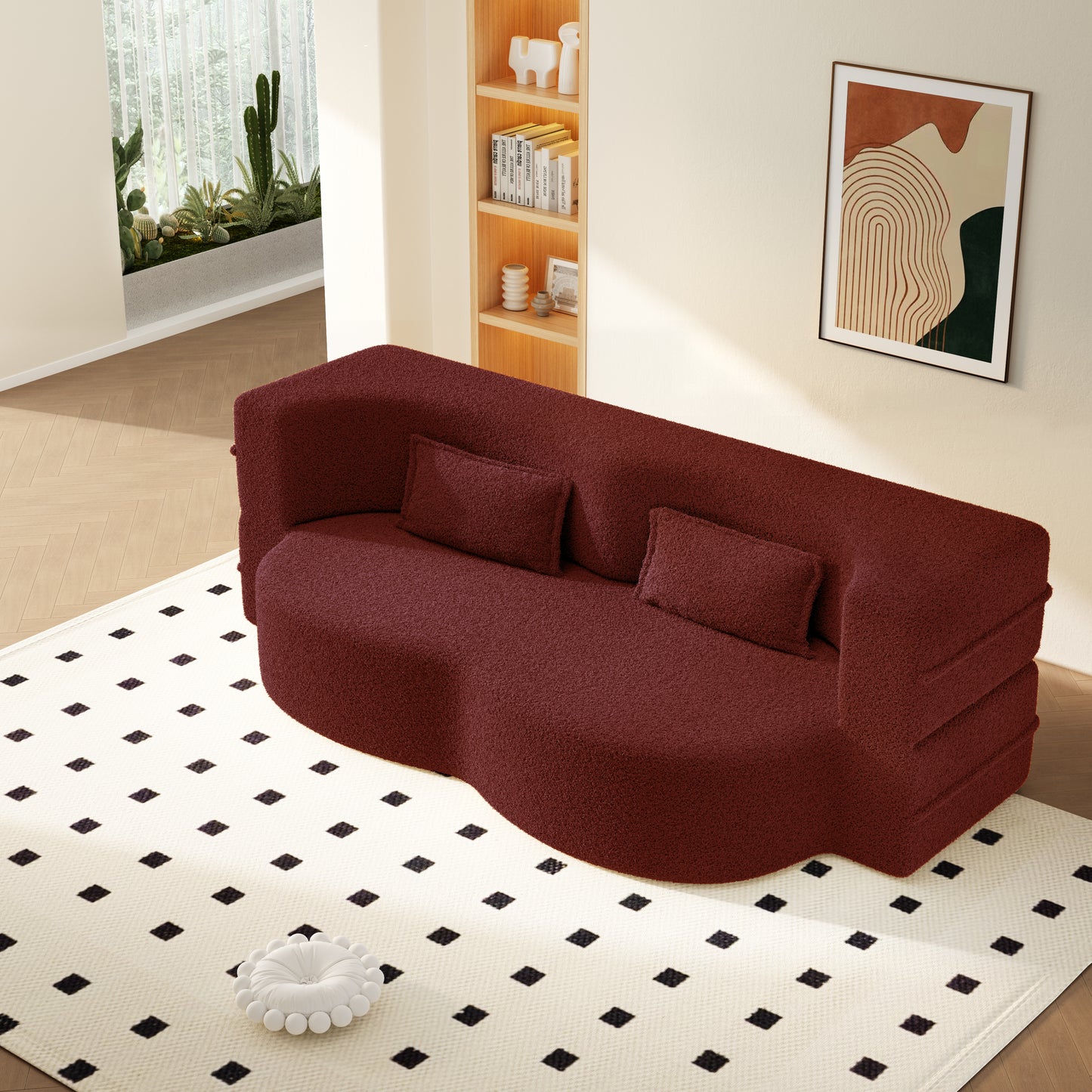 Modern Floor Sofa with 2 Pillows,Convertible Sherpa Fleece Fabric Foam-Filled Sleeper Sofa Bed,15" Twin Size Folding Mattress for Living Room,Guest Bed,Playroom,no assembly required,Burgundy image 1