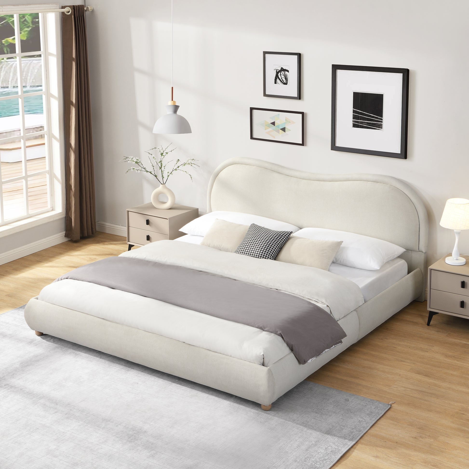 King Size Upholstered Platform Bed Frame with Rounded Corners curved headboard, Wooden Slats, Oak Solid Wood Legs, chenille fabric, No Box Spring Needed, Easy Assembly, Beige image 3