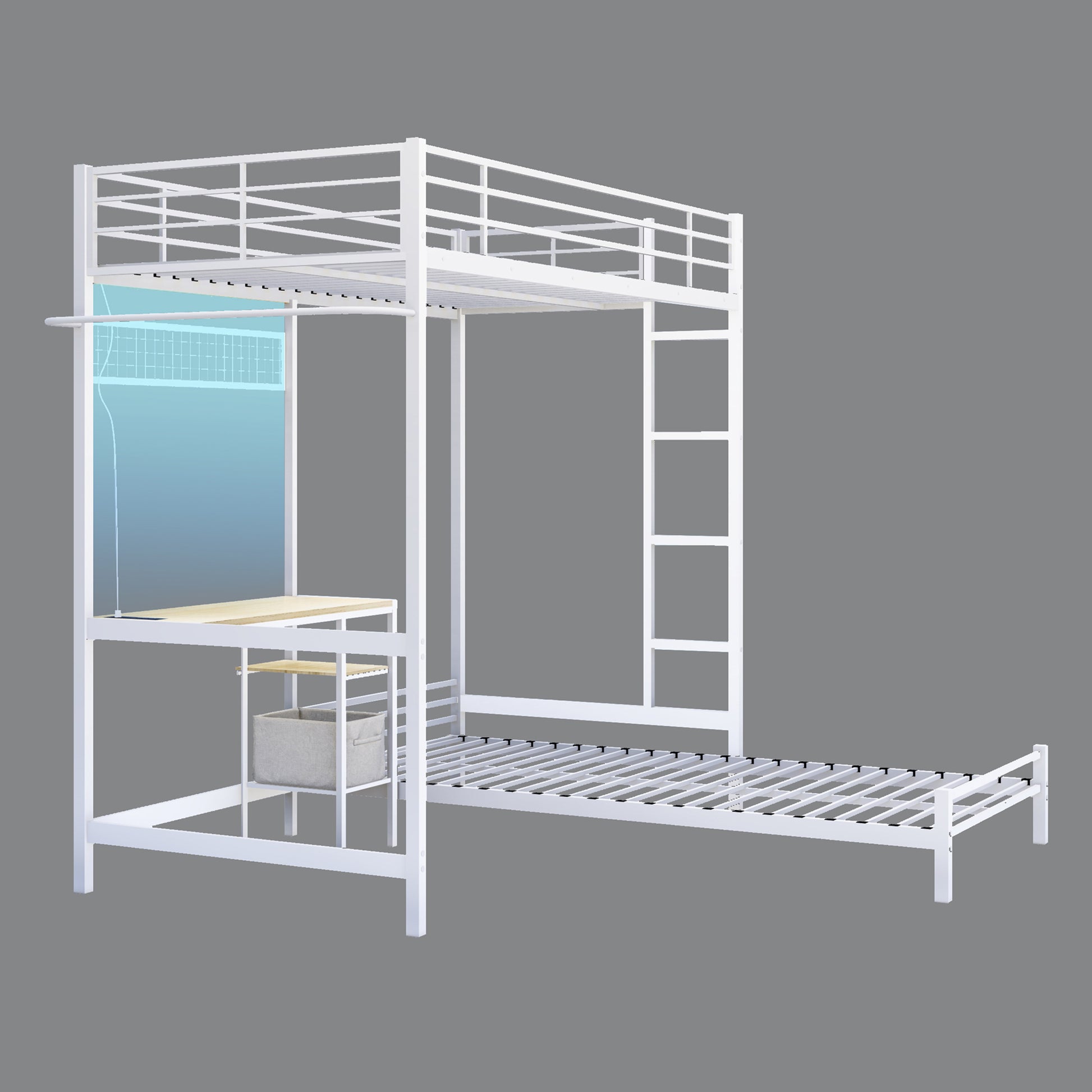 Bunk Bed with Ladder and high Guardrail, Able to Split, Metal Bunk Bed, Storage Space, Noise Free,Twin Over Twin Size,White image 9