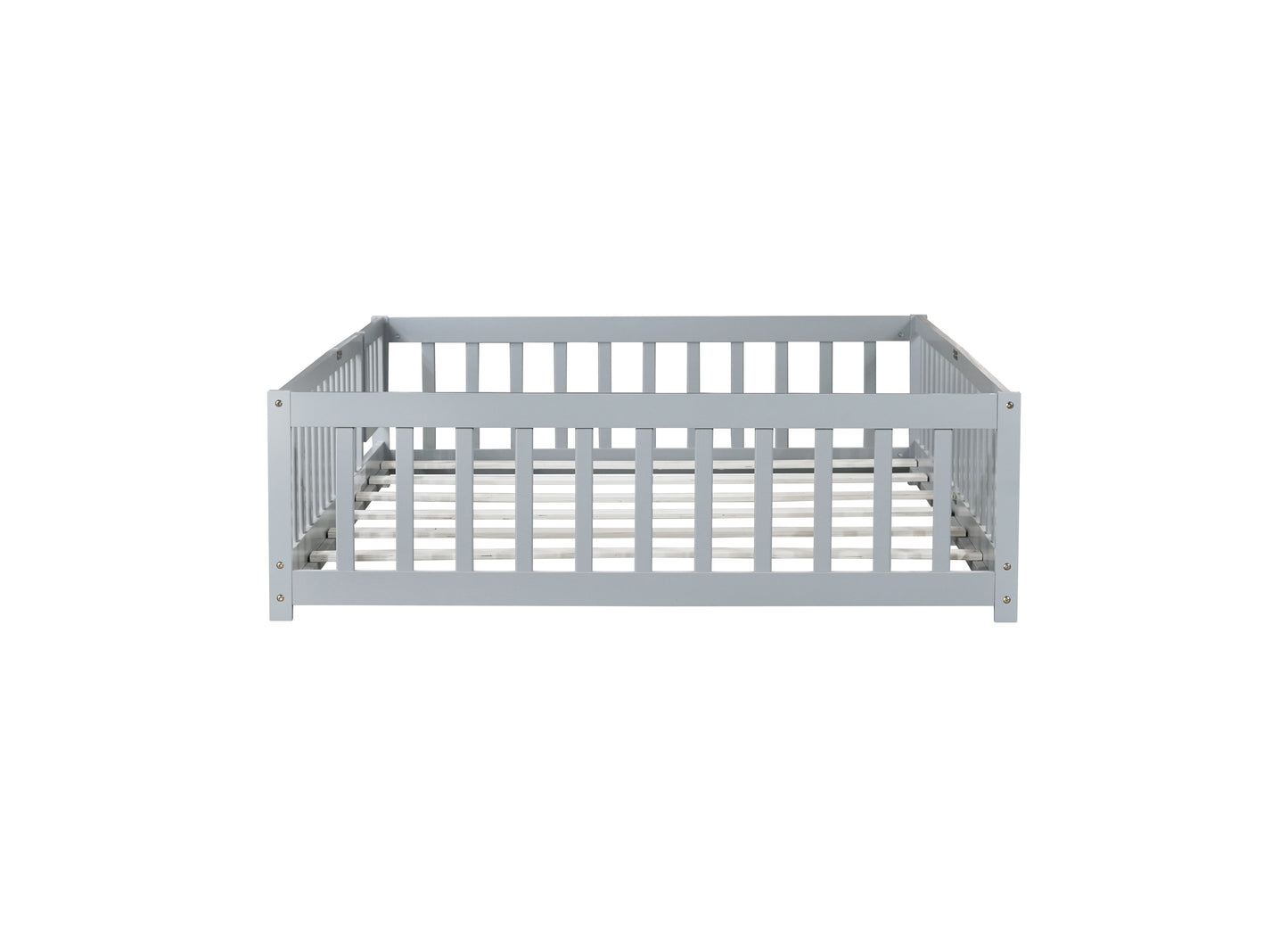 Full Size Floor Bed with Fence and Door,Rubber Wood Floor Bed with Safety Guardrails,Grey image 3