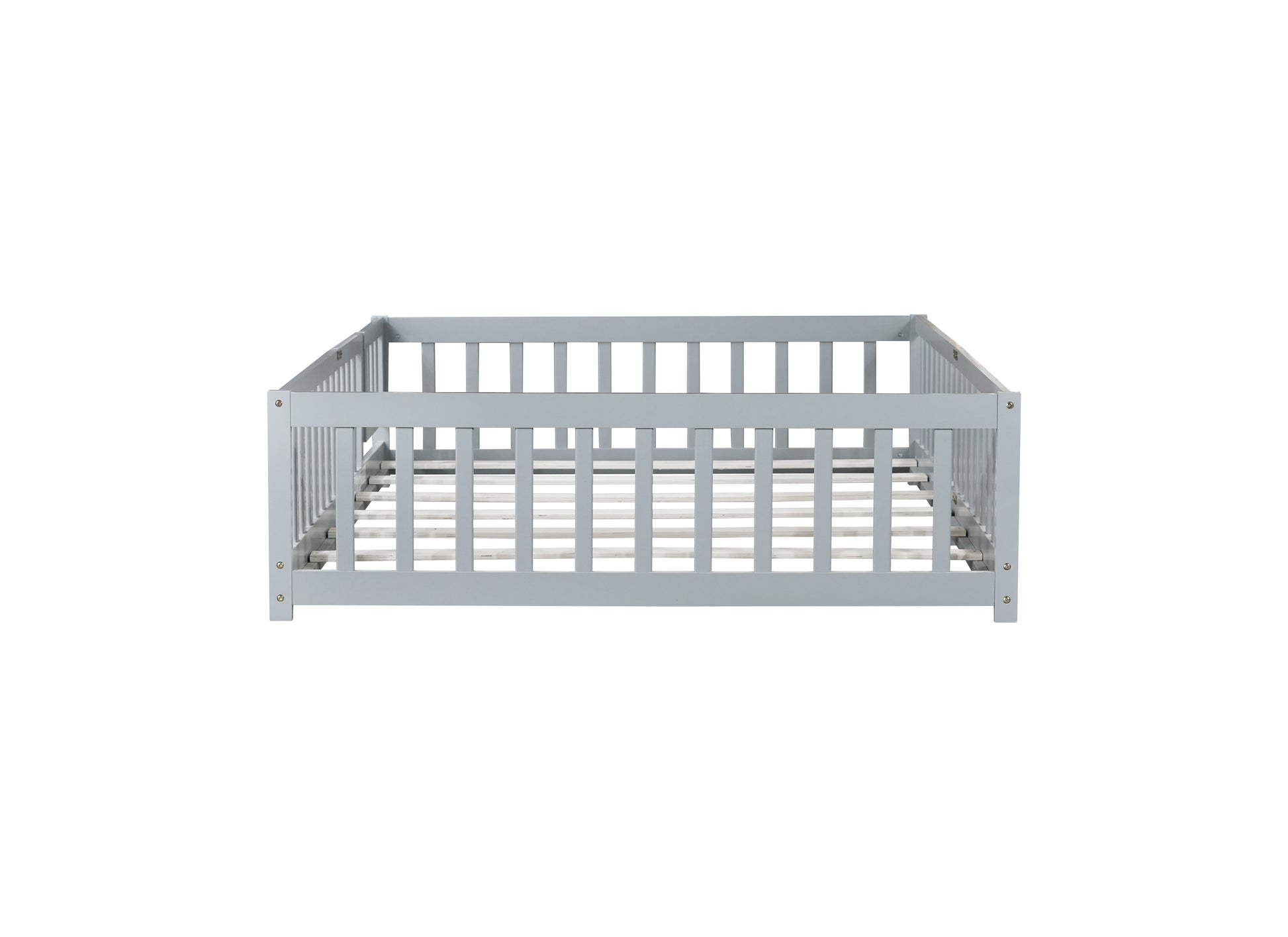 Full Size Floor Bed with Fence and Door,Rubber Wood Floor Bed with Safety Guardrails,Grey image 3