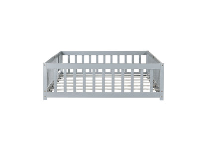 Full Size Floor Bed with Fence and Door,Rubber Wood Floor Bed with Safety Guardrails,Grey image 3