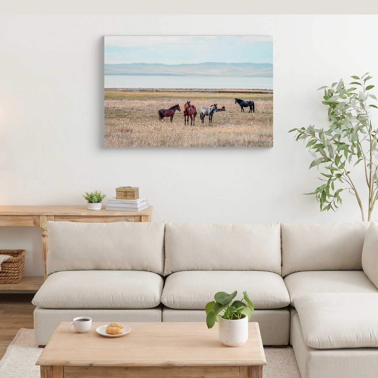 Horse framed wall art decor country western farmhouse wood painting wild horses grassland 36x24 inch image 1