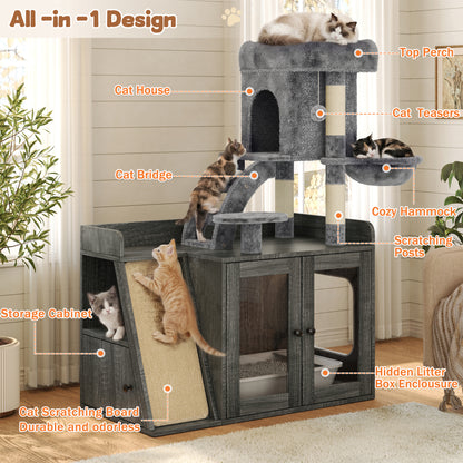 Litter Box Enclosure with Cat Tree, Hidden Litter Box with LED Light, Sisal Scratching Board and Storage Space, Modular Litter Box Furniture with Condo and Platform, All-in-one Cat Tower,Grey image 3