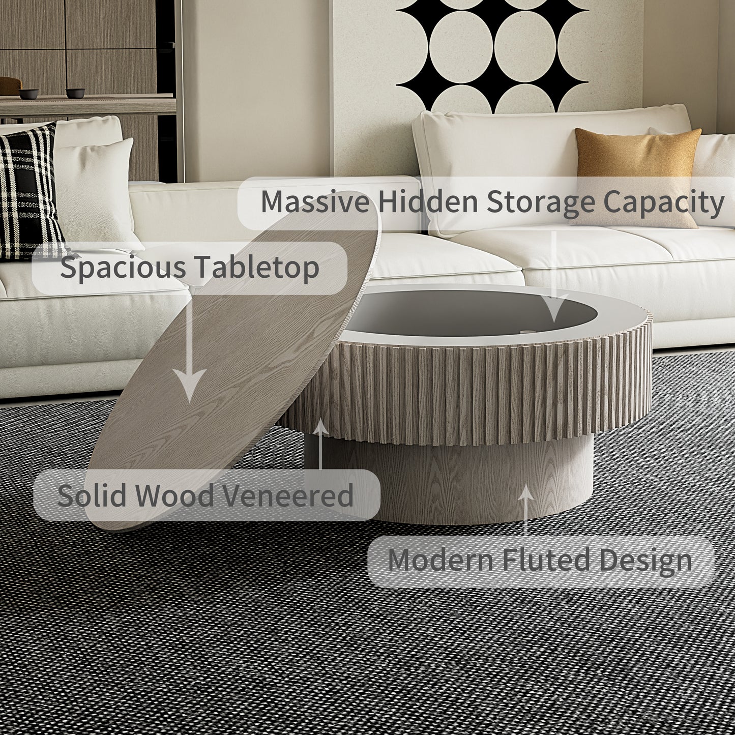 31.5'' Round Coffee Table with Storage Solid Wood Veneered Modern Coffee Table Accent Tea Table for Living Room, Bedroom, Apartment or Office, Retro White image 10