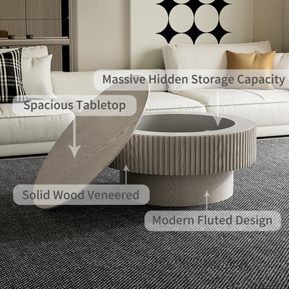 31.5'' Round Coffee Table with Storage Solid Wood Veneered Modern Coffee Table Accent Tea Table for Living Room, Bedroom, Apartment or Office, Retro White image 10