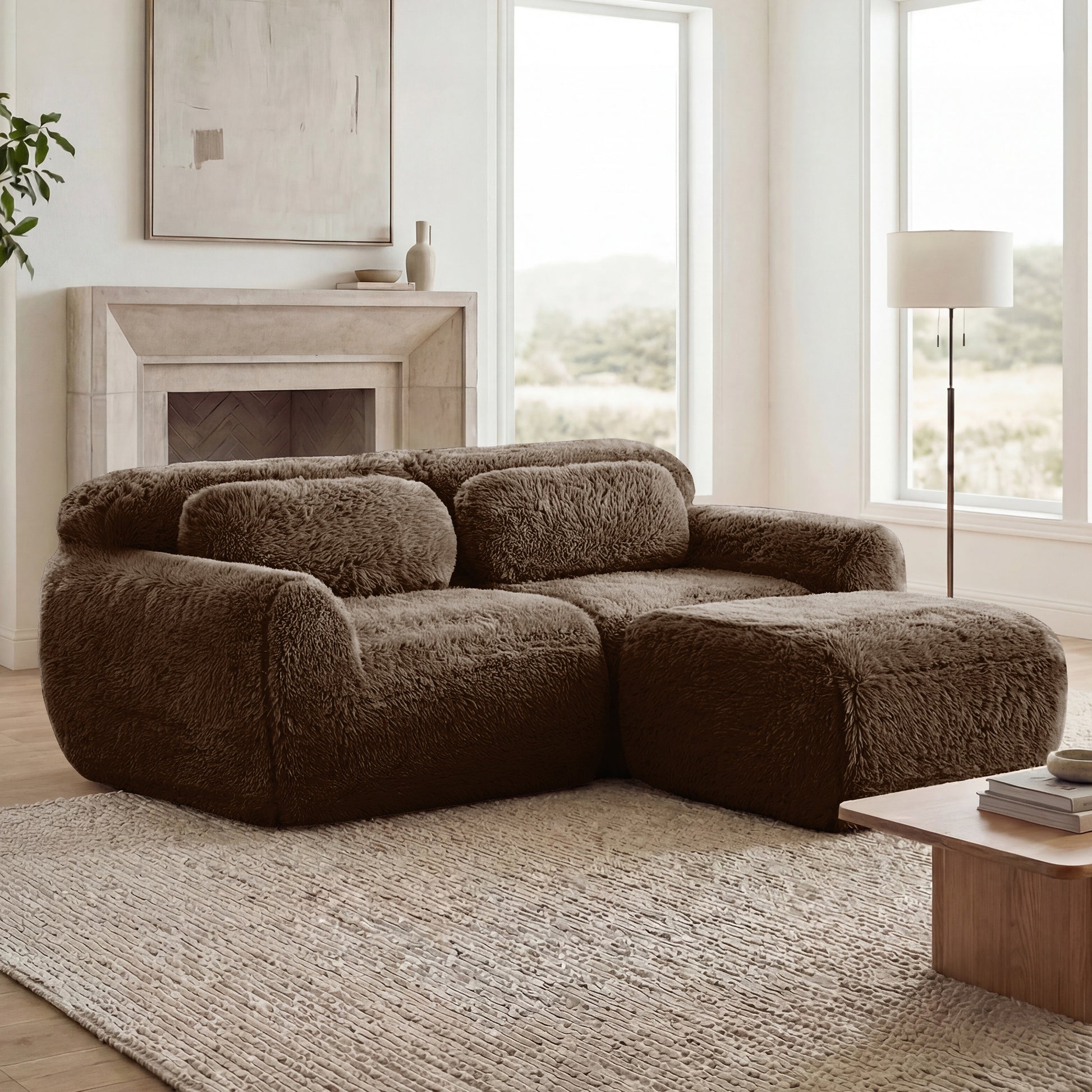 L-shaped Boneless Sofa,Soft Fluffy Plush Fabric,With Chaise 32D High Density Sponge,No Assembly Required,Ergonomic Design Bottom Anti-Slip Design,With Throw Pillows,Fits Bedrooms,Chocolate image 3