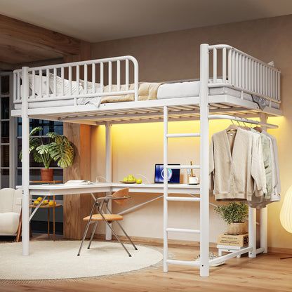 Queen Loft Bed with L-Shaped Desk,LED Light Strip and Charge Station, Metal Loft Bed with Computer Mainframe Tray and Hanging Area, Special Round Pipe Design, White image 2