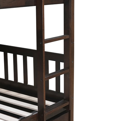 Full Over Full Rubber Wood Bunk Bed with Trundle, Ladder and Guardrails, Convertible to 2 Full Size Beds, with Twin Size Trundle,Espresso image 9