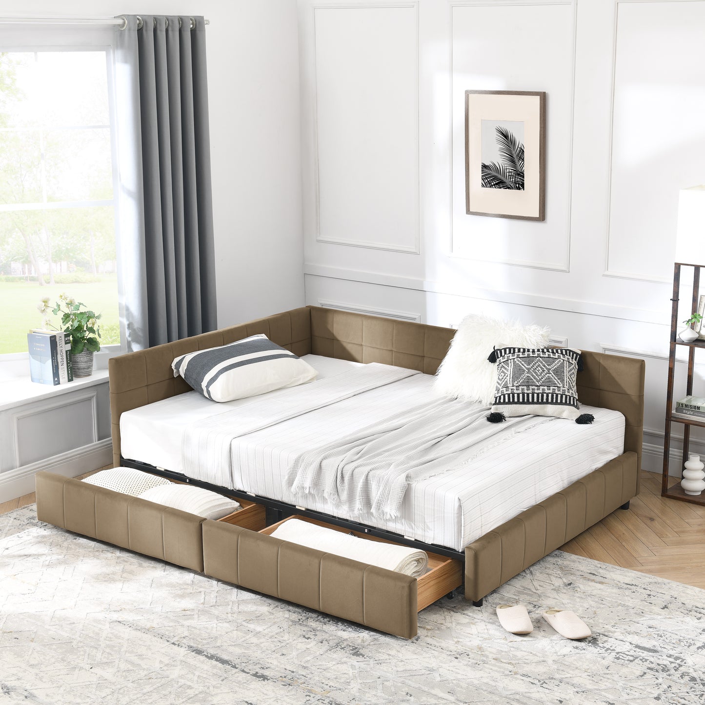 Full Size Storage Upholstered Tufted Bed Frame, Sofa Bed Frame with Comfortable Backrest and Armrests, Full Size Bed for Bedroom, Living Room,Velvet, BROWN(80.5''*59''*29.5'') image 1
