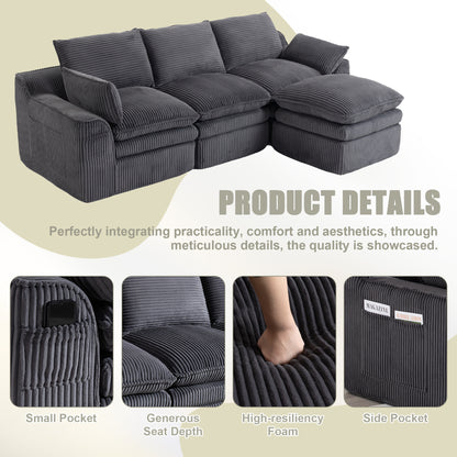 L Shaped Compressed Modular Sectional Sofa Modern Corduroy Upholstered Boneless Couches with Movable Footstool,With Three Pillows and Two Lumbar Pillows,Detachable Cloud Seat Cushions image 5