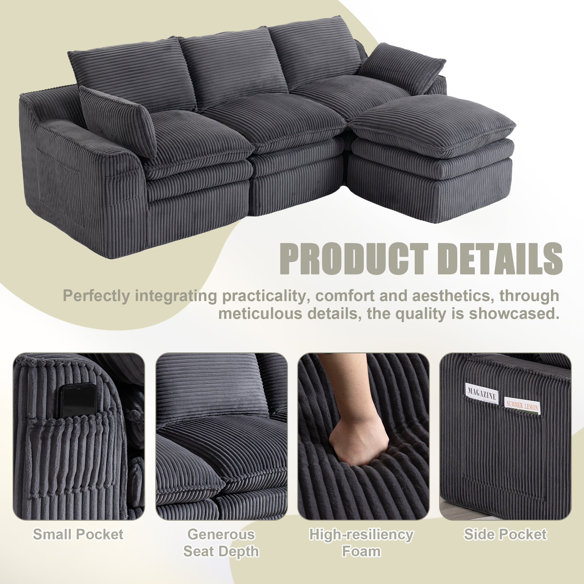 L Shaped Compressed Modular Sectional Sofa Modern Corduroy Upholstered Boneless Couches with Movable Footstool,With Three Pillows and Two Lumbar Pillows,Detachable Cloud Seat Cushions image 5