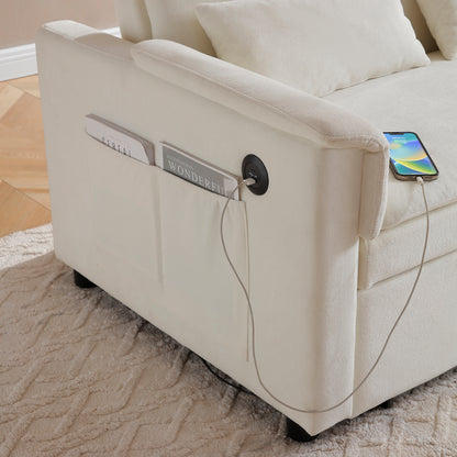 55" Velvet Two Seater Pull Out Sofa Bed, Adjustable Backrest With USB Ports, Two Side Pockets, 3 in 1 Convertible Sleeper Sofa Bed, Modern Love Seat Lounge,2 waist pillows for living rooms,BEIGE image 7