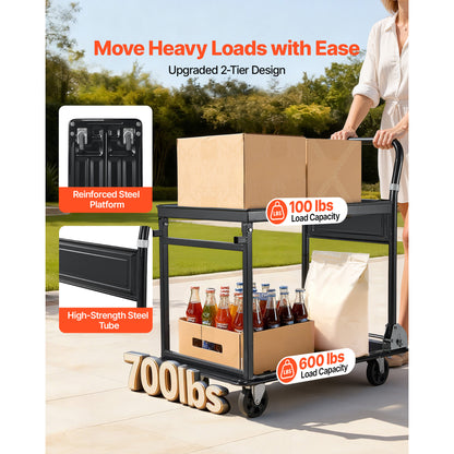 Foldable Push Cart Dolly, 700 lbs, Heavy Duty Platform Hand Truck with Wheels, High-Strength Steel, 2 Tier Moving Flatbed Cart, for Warehouse, Garage, Workshop, Office, 28.7 x 18.5 x 32.3 in image 7